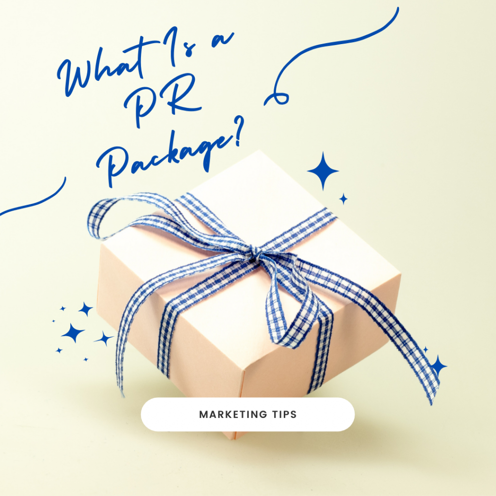 beige PR package wrapped with blue checked ribbon on cream background